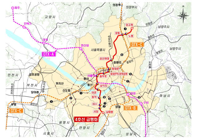 서울시가 20일 발표한 제2차 10개년 도시철도망 구축계획(안) 중 4호선 급행화 노선도. /서울시 제공=연합뉴스
