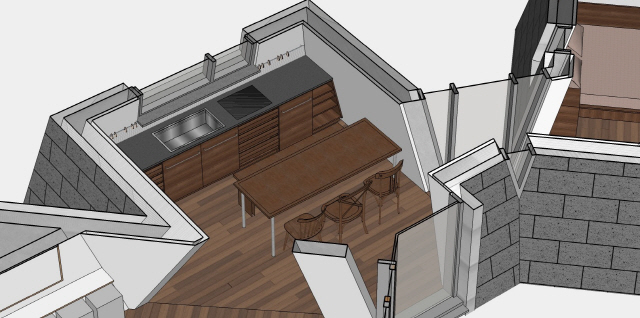 제주 어라운드폴리의 주방 디자인 3D 시안.