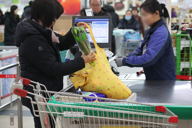 올해부터 대형마트에서 일회용 비닐봉투 사용이 금지된 가운데 지난달 서울의 한 대형 슈퍼마켓에서 시민이 직접 준비한 장바구니에 물건을 담고 있다. /연합뉴스