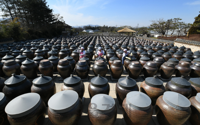 포근한 봄 날씨를 보인 26일 경기도 안성시 일죽면 서일농원에서 관계자들이 장 담그는 날을 맞아 된장, 고추장 등 장을 담그며 봄을 맞이하고 있다./오승현기자