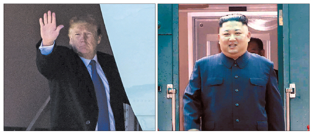 북미정상회담을 하루 앞둔 26일(이하 현지시간) 베트남에 도착해 열차에서 내리고 있는 김정은 북한 국무위원장(오른쪽 사진)과 25일 대통령 전용기 ‘에어포스원’에 탑승하며 손을 흔들고 있는 도널드 트럼프 미국 대통령(왼쪽 사진). 두 사람은 27일 260일 만의 정상 간 만남을 갖는다.   /워싱턴·하노이=UPI·EPA연합뉴스