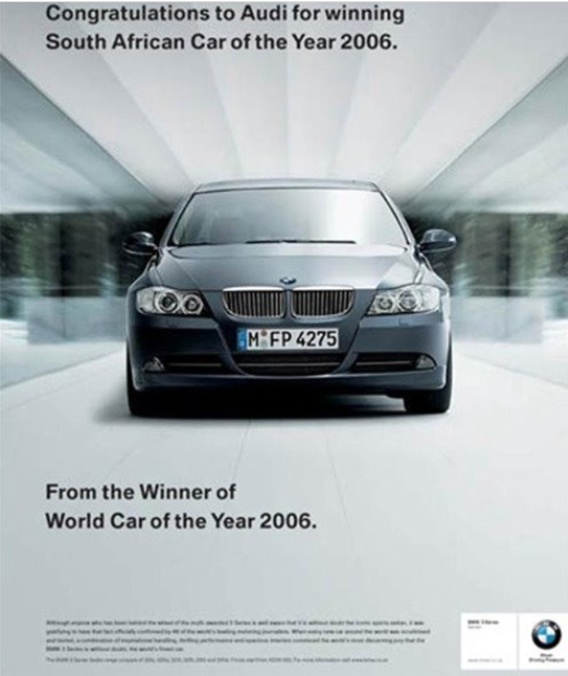 2006년 전 세계 올해의 자동차로 선정된 BMW가 같은해 남아프리카공화국 올해의 자동차로 선정된 아우디를 축하하는 광고를 냈다./사진=업계