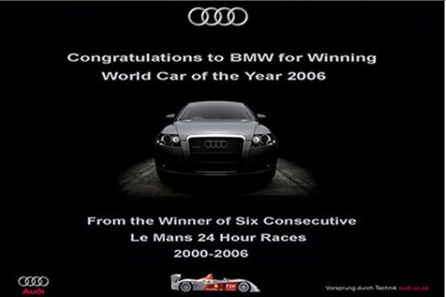 2006년 BMW가 ‘남아프리카 올해의 차’로 선정된  아우디를 광고로 조롱하다 아우디가 르망 24시 6년 연속 우승 기록을 내세워 BMW에 다시 반격한 광고./사진제공=업계