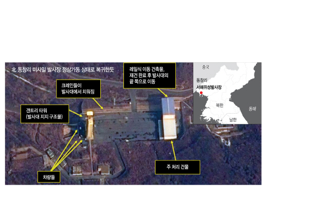 6일 상업 위성으로 촬영된 북한 동창리 미사일 발사장. 미국 북한전문 매체 38노스는 이 사진을 토대로 동창리 미사일 발사장이 예전의 통상적 가동 상태로 돌아간 것 같다고 지적했다.  /연합뉴스
