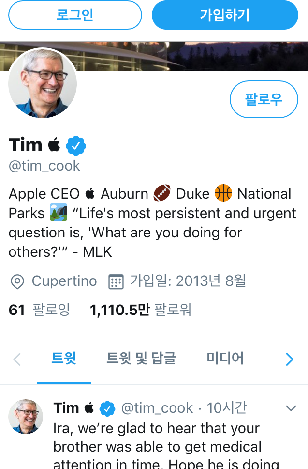 팀 쿡 애플 최고경영자(CEO)가 트위터 계정명을 ‘팀 애플’로 바꾼 모습 /트위터 캡처