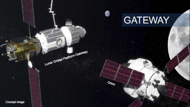 오는 2025년 1단계로 완공되면 달 궤도를 돌게 되는 게이트웨이 개념도. 왼쪽이 게이트웨이, 오른쪽은 록히드마틴의 운송선. /사진=NASA