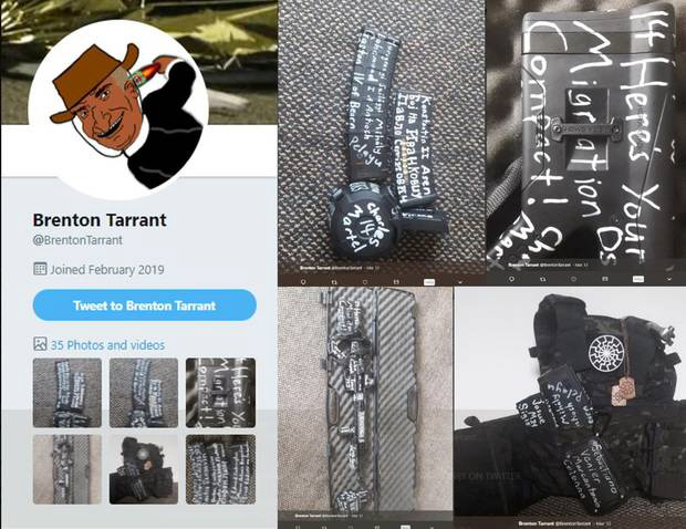 뉴질랜드 총격범 브렌튼 테런트는 자신의 트위터에 범죄 목적과 계획 등을 설명하는 87장에 달하는 맨니페스토(선언문)을 기재했다. 트위터는 해당 계정을 내린 상태다. 그의 계정엔 총기 등 여러 무기의 사진이 개재돼 있었다.