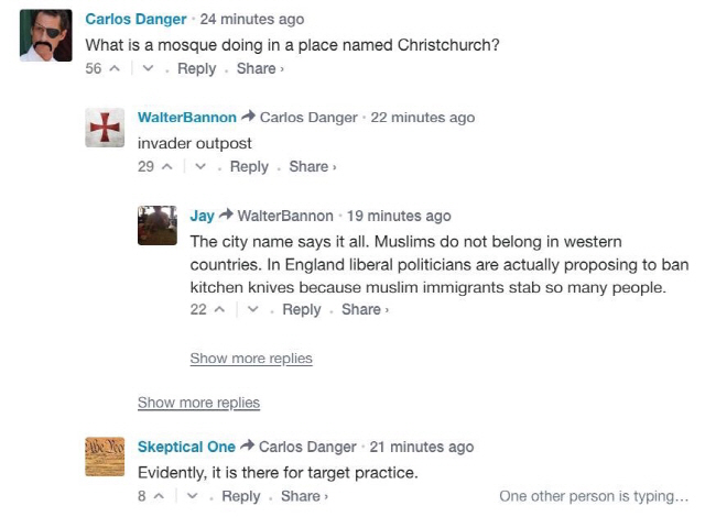 뉴질랜드 테러 사건에 대해 테러범을 옹호하는 입장을 개진한 네티즌들의 댓글 및 게시물이다.