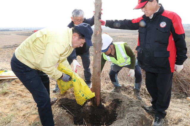 정장선(왼쪽) 평택시장이 19일 나무를 심고 거름을 주고 있다. /사진제공=평택시