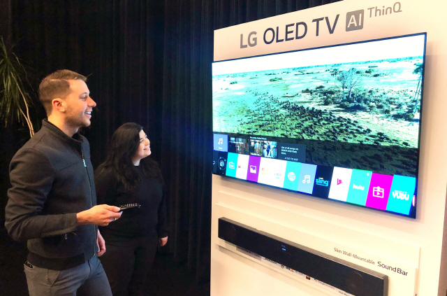 LG전자가 지난 21~22일 미국 뉴욕에서 진행한 2019년형 LG 올레드 TV 신제품 체험행사에서 참석자들이 제품을 살펴보고 있다. /사진제공=LG전자