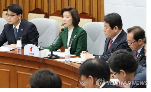 자유한국당 나경원 원내대표가 26일 국회에서 열린 원내대책회의에서 발언하고 있다. / 사진=연합뉴스