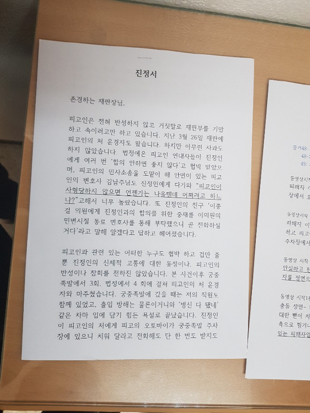 피해자인 건물주 측이 항소심 재판에 앞서 뿌린 진정서./백주연기자