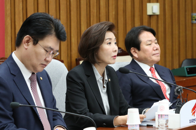 나경원(가운데) 자유한국당 원내대표가 29일 국회에서 열린 원내대책회의에서 발언하고 있다. /연합뉴스