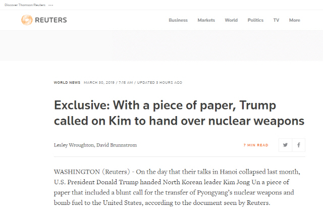 로이터통신이 29일(현지시간) 도널드 트럼프 미국 대통령이 베트남 하노이 북미정상회담에서 김정은 북한 국무위원장에게 건넨 ‘빅딜 문서’를 입수해 보도했다.        /로이터통신 캡처