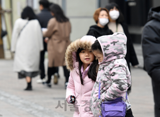 바람이 강하게 불고 쌀쌀한 날씨를 보인 31일 서울 명동거리를 찾은 시민들과 관광객들이 두꺼운 외투를 입고 발걸음을 옮기고 있다./성형주기자 2019.03.31