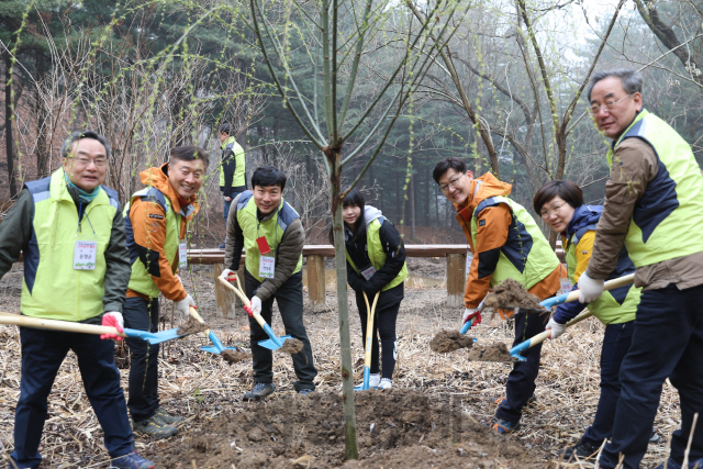 윤영균(사진 왼쪽에서 첫번째) 한국산림복지진흥원장 등이 국립하늘숲추모원에서 나무를 심고 있다. 사진제공=한국산림복지진흥원