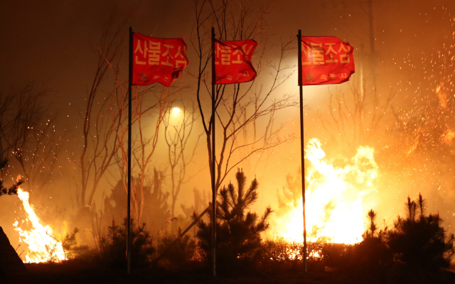 5일 새벽 강원도 고성 산불이 번진 속초시 미시령로에서 강풍에 불씨들이 날리고 있다./연합뉴스