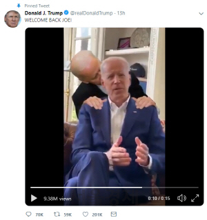 4일(현지시간) 도널드 트럼프 미 대통령이 자신의 트위터 계정에 공유한 조 바이든 전 부통령 합성 동영상.    /트위터 캡처