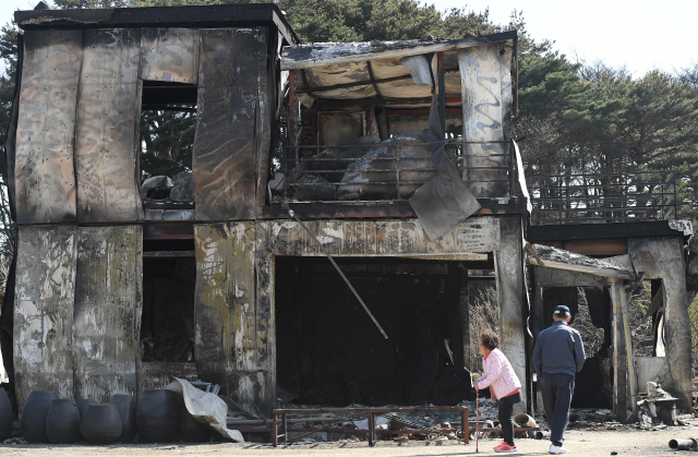 지난 5일 강원도 고성군 토성면의 한 마을에서 삶의 터전을 잃은 주민이 실의에 빠져 있다./강원고성=오승현기자