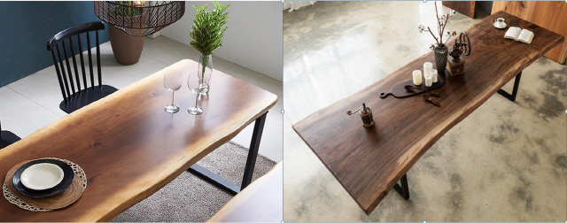 왼쪽은 뉴송에 우레탄마감을 한 탁자이고 오른쪽은 클라로월넛에 오일마감을 한 테이블입니다. /스튜디오죽산목공소
