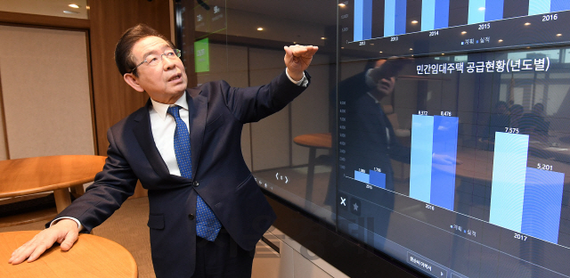 박원순 서울시장이 지난 4일 시장 집무실에 설치된 대형 스크린을 통해 각종 데이터를 설명하고 있다. /오승현기자