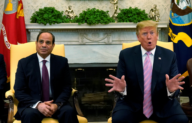 도널드 트럼프(오른쪽) 미국 대통령이 9일(현지시간) 백악관에서 압델 파타 엘시시(왼쪽) 이집트 대통령과 정상회담을 갖기에 앞서 기자들과 만나 발언하고 있다. /워싱턴DC=로이터연합뉴스