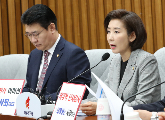 나경원 자유한국당  원내대표가 12일 국회에서 열린 원내대책회의에서 발언하고 있다. /연합뉴스