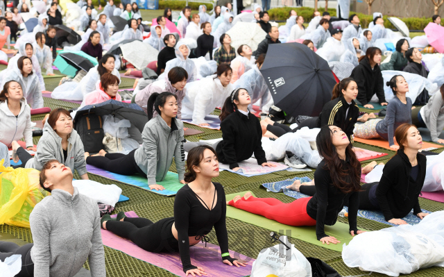 14일 서울 롯데백화점 잠실점 월드파크에서 열린 ‘요가말라’행사에서 참가자들이 봄비를 맞으며 요가를 하고 있다. /권욱기자