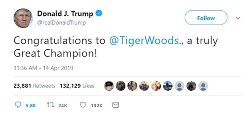 우즈의 마스터스 우승을 축하하는 도널드 트럼프 미국 대통령의 트윗. /사진출처=트럼프 트위터