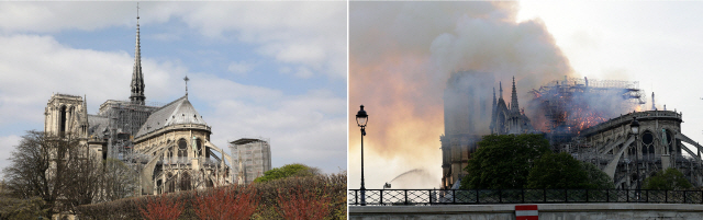 프랑스 파리의 상징이자 최대 관광명소의 하나인 노트르담 대성당의 본래 모습(왼쪽)과 15일(현지시간) 발생한 화재로 타고 있는 모습(오른쪽)을 합성한 사진. /파리=AFP연합뉴스