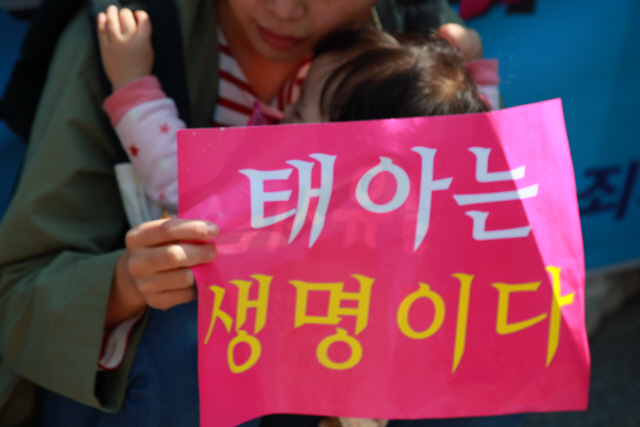 낙태죄 폐지 반대 손팻말 든 시위자/연합뉴스