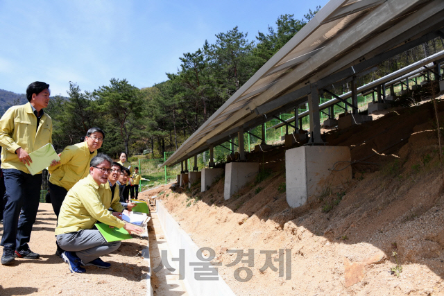 김재현(사진 오른쪽 첫번째) 산림청장이 태양광발전사업장 피해 복구 현장을 점검하고 있다. 사진제공=산림청