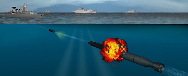 적이 발사한 어뢰를 직접 맞춰서 파괴하는 어뢰 요격용 어뢰가 현실화하고 있다. 그림은 독일이 개발 중인 시스파이더 어뢰의 운용 개념도. /시스파이더 홈페이지