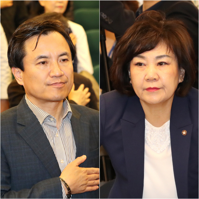 ‘5·18 망언’으로 논란을 일으킨 자유한국당의 김진태·김순례 의원이 19일 각각 ‘자유우파 필승대전략’ 고성국(정치평론가) 출판기념회(왼쪽 사진)와 장애인 정책간담회(오른쪽 사진)에 참석하고 있다. /연합뉴스