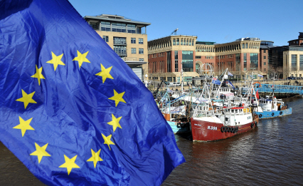 유럽연합(EU) 깃발이 북아일랜드의 한 항구에서 나부끼고 있다. /AFP연합뉴스
