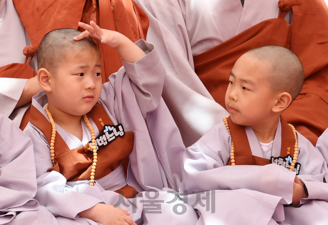 22일 서울 종로구 조계사 대웅전 앞 마당에서 열린 보리수 새싹학교 동자승 단기출가 삭발수계식에서 한 동자승이 삭발을 마친 후 어색한 듯 머리를 만지고 있다./권욱기자 2019.04.22