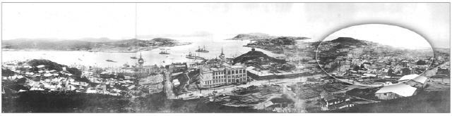 1918년 당시 러시아 블라디보스토크항 모습. 오른쪽 끝 능선 일대에 주택이 밀집한 지역(원내)이 최재형의 활동 지역이자 한인들의 주요 거주지였던 신한촌이다. /사진제공=홋카이도대 슬라브연구소