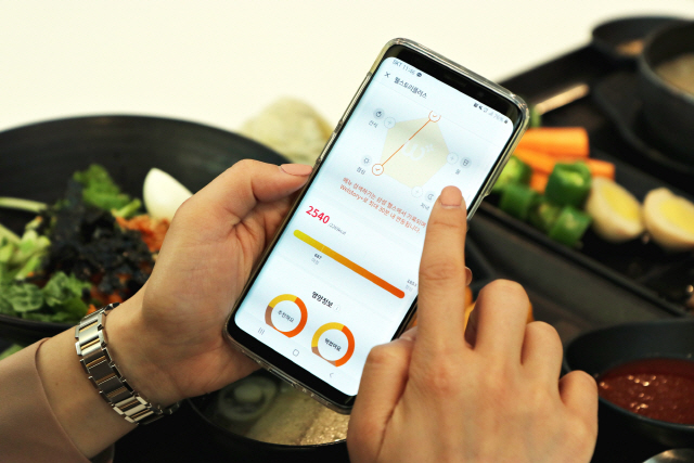 삼성전자 직원이 웰스토리플러스 앱으로 영양정보를 확인하고 있다./사진제공=삼성웰스토리