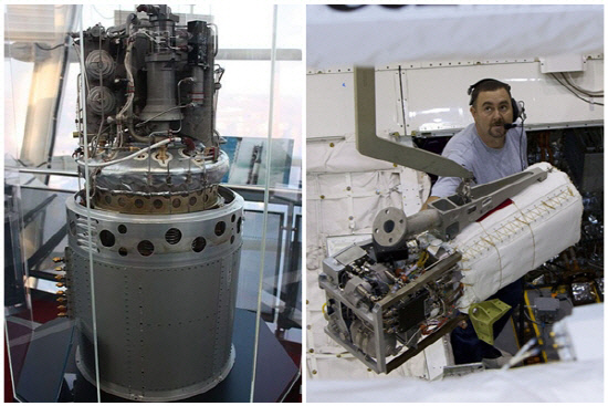 미국의 달탐사 우주선 아폴로호에 탑재됐던 연료전지(왼쪽). 이를 기반으로 한 연료전지가 이후 미국 우주왕복선 디스커버리호에 실리고 있다(오른쪽).   /사진제공=NASA