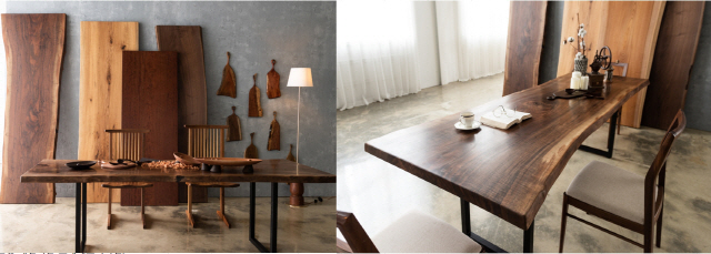 클라로월넛으로 제작된 우드슬랩 테이블들입니다. 제공=스튜디오삼익/죽산목공소