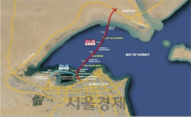 쿠웨이트만을 가로지르는 자베르 코즈웨이 해상연륙교. 파란 선은 GS건설이 시공한 도하링크(12.43㎞), 붉은 선은 현대건설이 시공한 메인링크(36.14㎞).