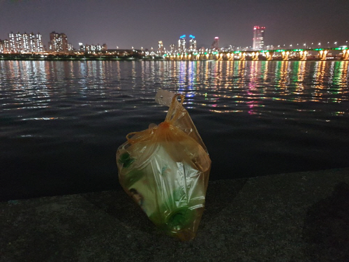 롯데월드타워 불꽃축제가 끝난 4일 밤 쓰레기가 담긴 비닐봉지가 서울 잠실 한강공원 강가에 놓여 있다. /이희조기자
