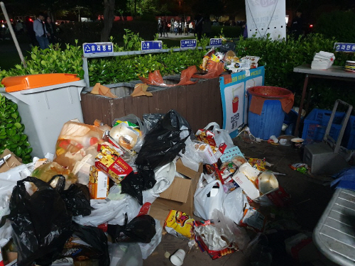 4일 서울 잠실 한강공원 쓰레기통 주변에 분리수거되지 않은 쓰레기가 쌓여 있다. /이희조기자