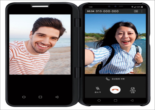 LG전자 첫 5G 스마트폰 ‘V50씽큐’의 2개 화면을 이용해 영상통화를 하는 모습./사진제공=LG전자