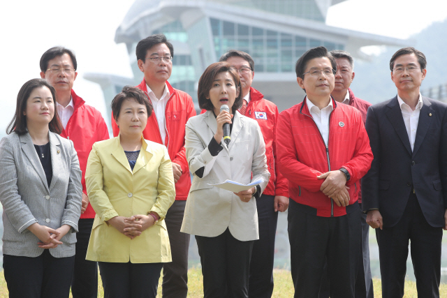 13일 오전 경북 구미시 선산읍 구미보에서 열린 자유한국당 현장최고위원회의에서 나경원 원내대표가 발언하고 있다./연합뉴스