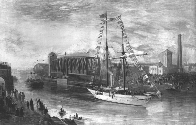 1894년 영국 맨체스터 선박 운하 개통식 그림. 당시 첨단기술이 총동원된 이 운하는 대형 요트는 물론 1만2,000톤급 대형 화물선까지 운항할 수 있었다. /사진=위키피디아