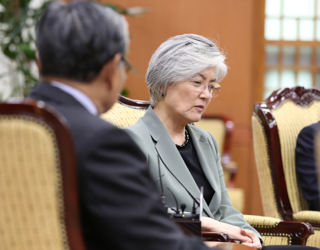 강경화 외교부 장관이 지난 27일 오후 서울 종로구 사직로 외교부에서  쪼틴쉐 미얀마 국가고문실 장관과 대화하고 있다./연합뉴스