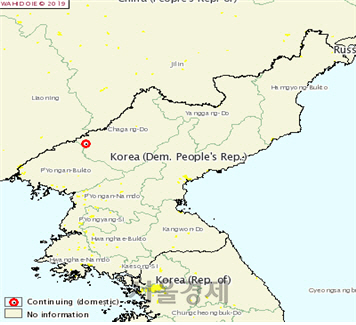 아프리카돼지열병(ASF) 발생이 공식 확인된 북한 자강도 북상협동농장 위치./사진제공=OIE