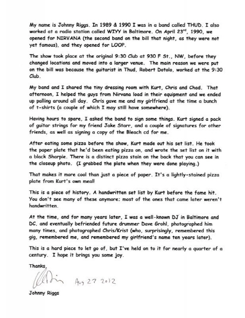 ‘커트 코베인 접시’의 첫 소유자였던 조니 릭스가 서명한 보증서.    /미국 줄리앙 옥션 캡처