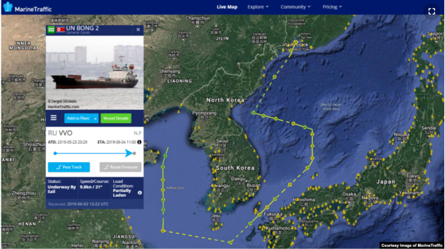 북한산 석탄 수출에 이용된 것으로 의심받는 북한 선박 ‘운봉2호’의 최근 항적./자료제공=마린트래픽(MarineTraffic)